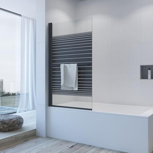 Badewannenaufsatz Dusche Ecke schwarz 1 teilig 80x140 cm aus 5 mm ESG Klarglas mit Handtuchhalter Nano Beschichtung Bohrinstallation und Kleb-Installation wählbar