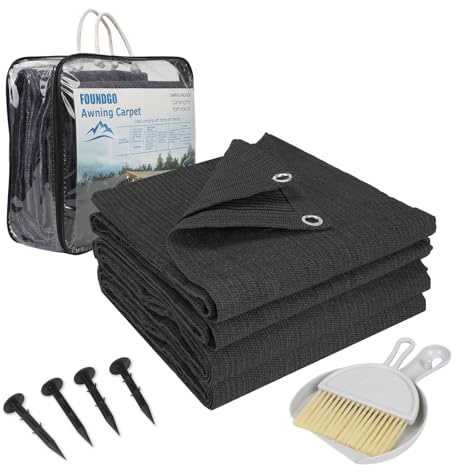 FoundGo Vorzeltteppich mit Ösen [280g/m² HDPE] Camping Teppich Outdoor Vorzeltboden inkl. Tragetasche Stahlnägel & Kleiner Besen Anthrazit 250x300cm