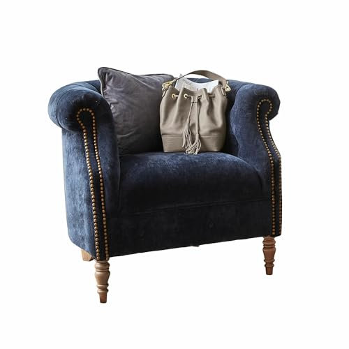 Loberon Sessel Gates Mills, exklusiver Chesterfield-Style, mit Rautensteppung & Nieten, von Hand gedrechselte Füße, Sitzmöbel, Kautschukholz, Polyestersamt, dunkelblau
