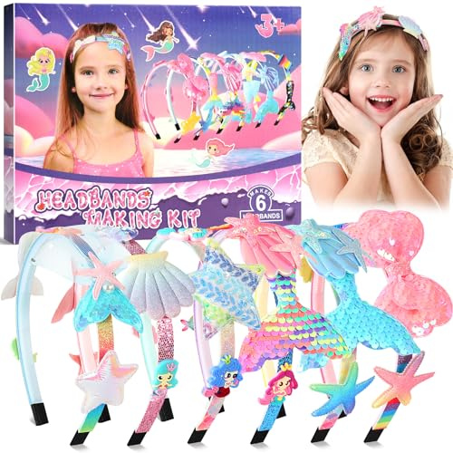 Pourbibi Haarreifen Mädchen, Meerjungfrau Geschenk mädchen 5 Jahre, Haarreifen Selber Machen Basteln Madchen, Geburtstagsgeschenk, Haarschmuck bastelset madchen Kinder ab 5-12 Jahre Ostern Geschenke