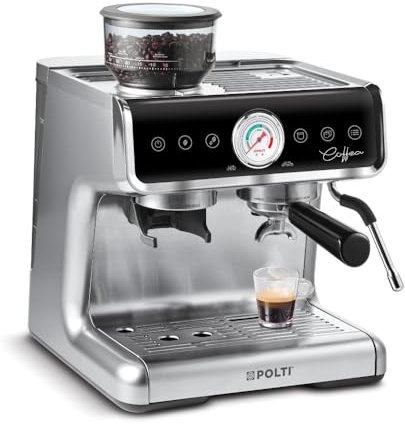 Polti Coffea G50S, Macchina da Caffè con Macina Grani Integrato, per Espresso e Cappuccino, 30 Livelli di Macinatura, Steamymilk Professionale per Montare il Latte, Argento