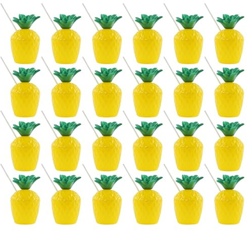 Bicchieri riutilizzabili in plastica con ananas e cannucce di carta, confezione da 24, perfetti per feste, picnic, barbecue o qualsiasi evento estivo