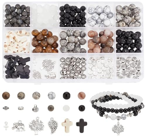 PH Pandahall 348pcs 9 Stile Runde Steinperlen Armband Making Kit Kreuz Stein Perlen 6/8mm natürlicher synthetischer Stein-Schmuck-Set Rosenkranz Perlen mit Spacer für Armbänder