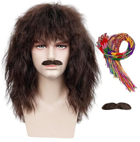 TOMIGO Braun Herren Perücke mit Bart und Freundschaft Armbänder | für Karneval Fasching Fastnacht Kostüm Männer(Braun)