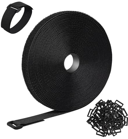 10m x 2cm Klettband mit 70 Schnalle, Freie Schnittlänge Klett Kabelbinder, Wiederverschließbar Klettverschluss Band Selbstklebend,Extra Stark Klettkabelbinder zum Kabel, Drähte, Schläuche