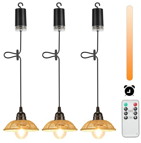 Lightess 3Pck Dimmable Pendant Light Battery Operated with Remote Control | Outdoor Hanging Lights Battery Powered Outdoor Lights Portable Rattan Boho Lampshade IP44 with Timer for Garden Balcony