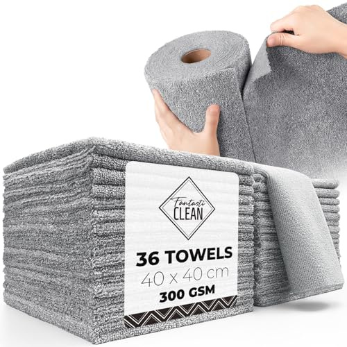 Fantasticlean XL Chiffons de Nettoyage 40 x 40 cm, Rouleau de Chiffon en Microfibre Déchirable, 36 Pièces Serviettes de Nettoyage pour la Maison, la Cuisine et la Voiture - Gris