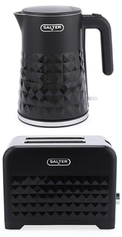 Salter Diamond Kettle and Toaster Set – 3kW Fast Boil Kettle with Cool Touch Body, Swivel Base, Diamond Design, 2-Slice Toaster with Wide Toasting Slots, High Lift, Removable Crumb Tray COMBO-9356.