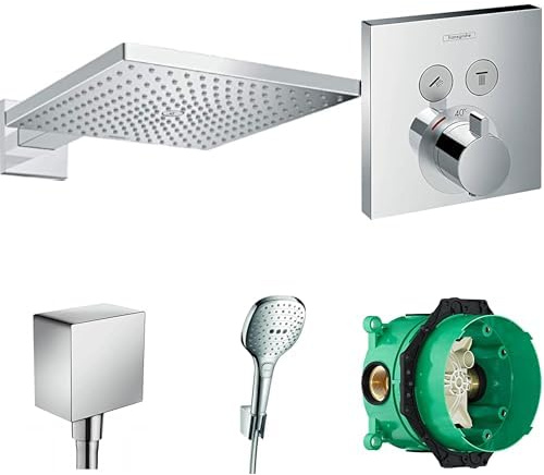 hansgrohe Raindance E - Duschsystem Unterputz mit ShowerSelect Thermostat, Grundkörper iBox universal, Kopfbrause, Handbrause, Duschschlauch, Duschkopfhalterung und Schlauchanschluss, Chrom