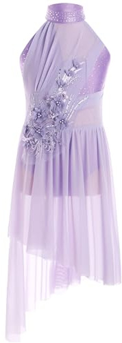 Aislor Abito da Pattinaggio Artistico Bambina Body Danza Classica con Gonna Tulle Strass Leotard Senza Manica Fiori Vestito da Latino Ballo Lirico Dancewear Viola 13-14 anni