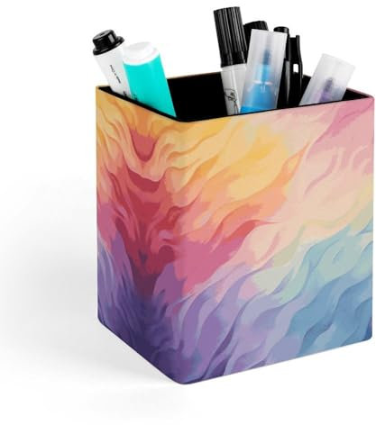 HKMNTGD Quadratischer Stifthalter aus Leder für den Schreibtisch, Regenbogen-Druck, Cartoon-Motiv, bedruckter quadratischer Stiftehalter, Schreibtisch-Organizer, Bürozubehör, Behälterbox.