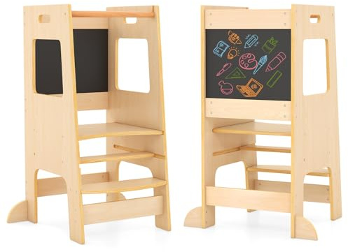 GYMAX Torre Montessoriana Bambini, Sgabello Scala per Bambini, Pedane alzabimbo 2-in-1 con Lavagna, Ringhiera di Sicurezza, Pedana Regolabile Antiscivolo, per 1+ Anni, 60 x 49 x 91,5 cm (Naturale)