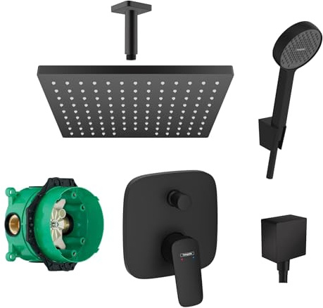 Hansgrohe Duschsystem Unterputz mit Duscharmatur Hansgrohe schwarz HGSK08 | Duscharmatur von Hansgrohe Logis Einhebelmischer und Hansgrohe Regendusche Duschkopf eckig, Dusch-SET schwarz matt