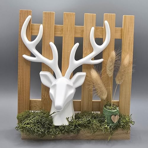 Wohnraum-Deko, Hirsch am Gartenzaun, aus keramischem Gießmaterial und Holz, handgemacht - Limitierte Edition