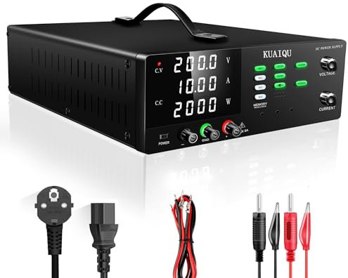 KUAIQU Fuente de alimentación Regulable de Potencia Alta 200V 10A 2000W - con Interruptor de Salida, OCP y OVP, Función de Memoria, Perilla Codificadora, Pantalla LED de 4 Dígitos, Botón de Bloqueo