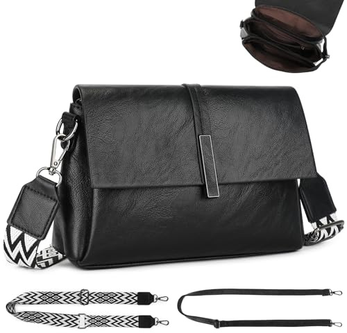 VINBAGGE Damen Handy Umhängetasche Leder Crossbody Bag mit Breitem Gurt Schultertasche Damen Handtasche Klein Tasche Verstellbarer Riemen Schwarz Reisen Arbeitstasche, Schwarz