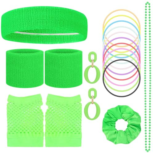 patinadrift 19 Stück 80er 90er Jahre Accessoires, Jahre Outfit Damen Set mit Stirnbaender Armbander Halskette Ohrringe Netzhandschuhe Retro Party für Kostümparty Karneval