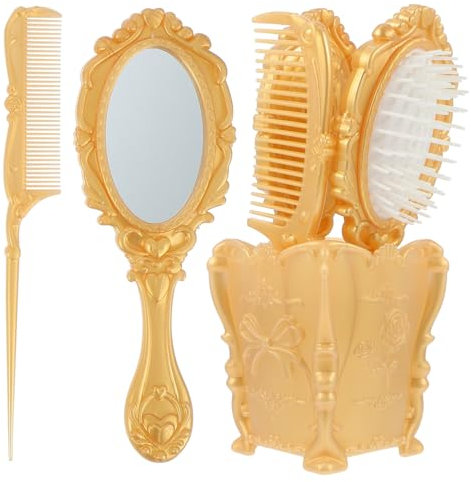 CTIRCHIU Vintage Desktop Dressing Table Mirror and Hair Brush Comb Set 5pcs with Gold Storage Holder for Salon Styling and Hair Detangling