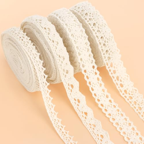 20 Meter Vintage Spitzenband auf Rolle - 4 Stück à 5 Meter - Vintage Spitzenband Dekoratives Dekoband für Nähen, Handwerk, Hochzeitdekoration & Geschenkverpackung