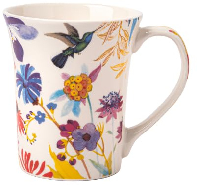 Hummingbird Floral Bone China Mug 350ml Elegant Ceramic Tea & Coffee Cup with Colourful Flower & Bird Print Lightweight Gift Mug (H 10.5cm x W 9cm) Assorted Designs (Lavender Bird Blue)