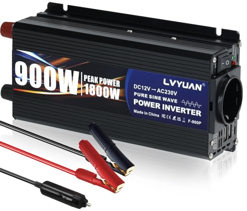 LVYUAN 1800W Peak Inversor 12v 220v 230V, Potencia Continua de 900W Transformador de Corriente Onda Pura, con USB y Pantalla LED