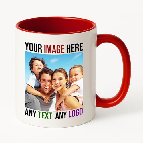 PrintWink Personalised Mug | Coloured Custom Coffee Cup with Photo & Text | Coloured Handle and Inner Mugs for Tea & Hot Chocolate | Unique Gift for Men & Women | Red