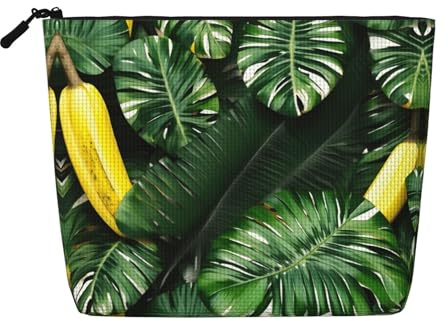 Banana and Palm Print Fake Hemp Makeup Bag,Makeup Bag,Travel Bag Pouch,Toiletry Bag with Zipper
