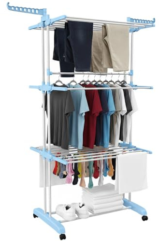 TrendClub100 Séchoir à linge à 4 niveaux sur roulettes | Design tour avec 24 barres et 14 crochets | Pliable et mobile | Acier inoxydable et plastique | Idéal pour l'intérieur et l'extérieur (bleu)