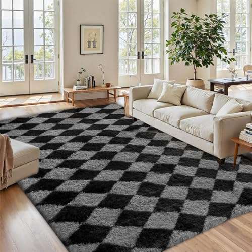 Chingcoo Hochflor Teppich Flauschig Kariert 140x200, Plüsch Teppich Shaggy Langflor für Schlafzimmer Wohnzimmer Wohnzimmerteppich Bettvorleger rutschfest Modernes Design Schwarz-Grau