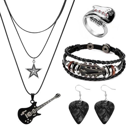MWOOT Ensemble de Bijoux de Musique Punk, Y2K Collier Étoile et Guitare Multicouche, Bracelet en Cuir Rétro, Bague de Guitare Punk Rock, Boucles d'oreilles Médiator, Accessoires de Musique Gothique