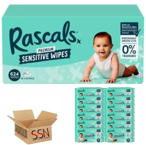 Rascals Premium Sensitive Wipes Each Pack 52 Wipes.Extra Gentle Care for Delicate Skin By SSN Spark Systems Network. (Pack of 12x (Full Box))