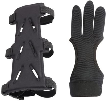 Adults’ Archery Arm Guard & 3-Finger Glove Set 2Pcs Adjustable Breathable Forearm Protector with Leather Padding for Beginners Hunting Shooting Protective Gear Target Practice Accessories