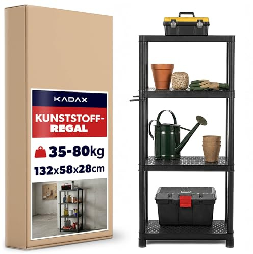 KADAX Schwerlastregal 132 x 58 x 28 cm, Lagerregal aus Kunststoff, Kellerregal, Kunststoffregal mit 4 Ablagen, Werkzeugregal für Werkstatt, Abstellraum Regal, Garagenregal