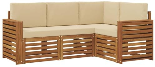 HETFTJN Gartenmöbel Set aus massivem Akazienholz, Modulares Outdoor Loungesofa mit Sitzkissen, Natur und Beige, Garten-Ecksofa für Terrasse und Balkon, 191,5 x 132,5 x 73 cm
