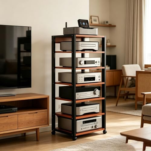 7-stufiges HiFi-Rack, moderner AV-Schrank mit mobilen Rädern, Höhenverstellbaren, Mobiler 7-stöckiger HiFi Regal, für Zuhause, Büro und Wohnzimmer(Teak Color)