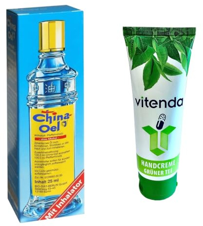 vitenda Set: Pfefferminzöl Ätherisches Öl mit Inhalator mit China-Öl bei Erkältung & Magen-Darm, 1x25ml – inkl. vitenda Handcreme