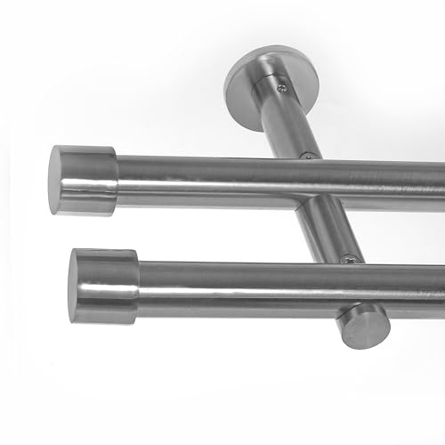 BASIT Gardinenstange Edelstahllook 19mm 2-läufig Wand 180cm lang H29 | Gardinenstangenset doppelläufig Wandmontage Metall Vorhangstange Wandhaltung 120-600cm wählbar Kappe E61