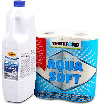 Camp4 Sanitärflüssigkeit Abwassertank für Camping-Toiletten + 4 Rollen Thetford Aqua Soft für Wohnmobil, Boot, Wohnwagen