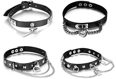 Aroncent Damen Choker Leder Halsband: 4PCS Lederkette Fashion Herz Schloss Schädel Kreuz Kruzifix Handschellen Lederhalskette Lederhalsband Schwarz Silber