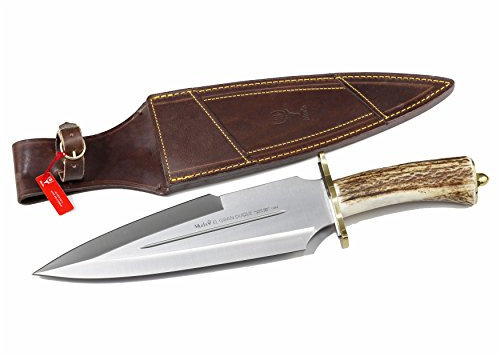 ELECTROPOLIS Cuchillo de Caza Muela Gran Duque DUQUE-25A, puño de asta de Ciervo y Defensa de latón, Hoja MOVA de 25 cm + Tarjeta Multiusos de Regalo