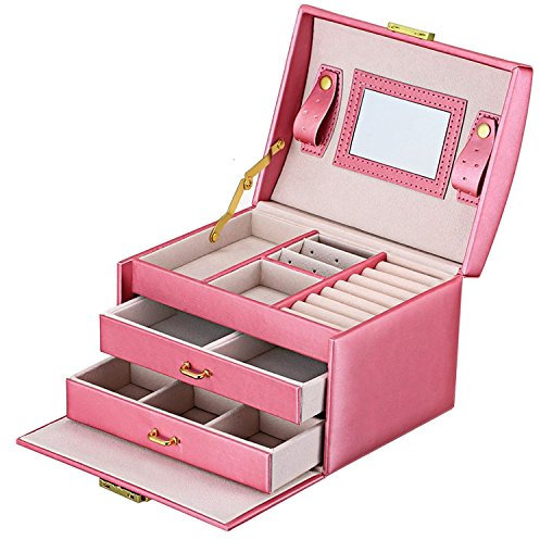 Custodia per gioielli DCCN Custodia per gioielli elegante in pelle PU Custodia per gioielli Custodia per gioielli con 2 cassetti Specchio - Rosa