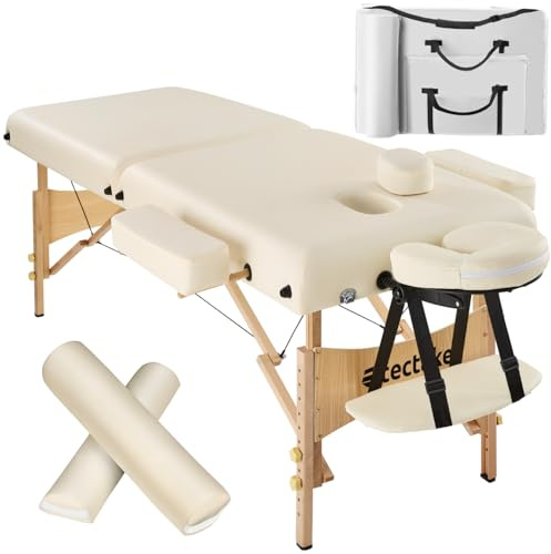 tectake® Table de Massage Pliante Professionnelle 2 Zones Ergonomique Massage et Relaxation Bois Table Esthetique Professionnel Lit de Massage Portable, Rouleaux & Housse de Transport - Beige