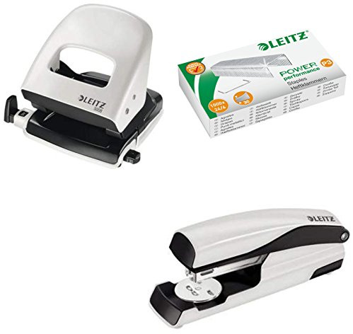 Leitz 5008 NeXXt Series Bürolocher, Metall, bis zu 30 Blatt/Kombi-Set mit Heftgerät + 1000 Klammern extra (grau)