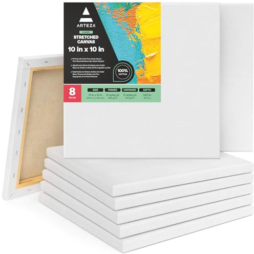 Arteza, Confezione da 8 tele per pittura tesate, quadrate, da 25 x 25 cm, vuote, in 100% cotone primerizzato, per colori a olio e acrilici, colata e strumenti a umido, per artisti e principianti