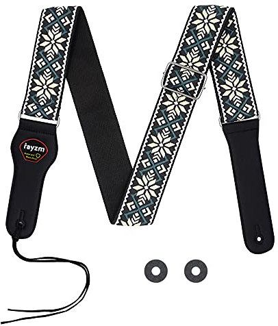 Rayzm Bestickter Gitarrengurt, Gewebter Baumwollgurt mit Jacquard-Muster für Akustische und Elektrische Gitarren und Bässe, mit Plektrumhalter, 5cm Breiter Metallbügel,Regulierbare Länge