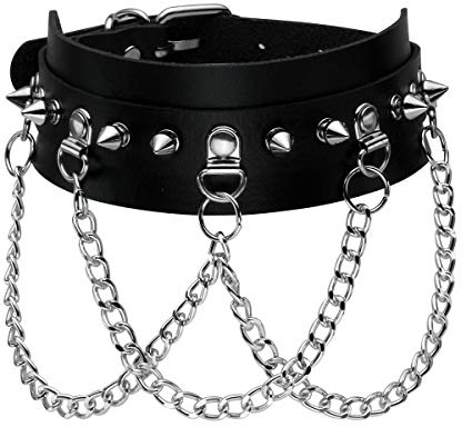 Eigso Punk Gothic Halsband PU Leder mit Ketten Nieten und Legierung Verschluss für Damen und Herren