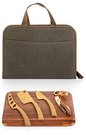 PICNIC TIME Monterey Travel Cheese Knife Set, Distressed Waxed Canvas Bag with Cheese Knives and Cutting Board, Portable Travel Utensils Case, Camping Cutlery with Waxed Canvas Case (Khaki Green)