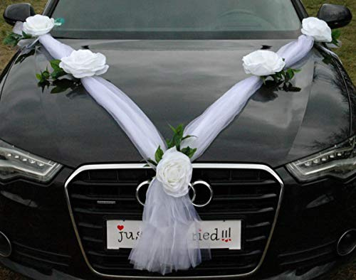 ORGANZA XXL Girlande Braut Paar Rose Orchidee Kamelie Deko Dekoration Hochzeit Car Auto Wedding ®Auto-schmuck Deko PKW (Weiß/Weiß)