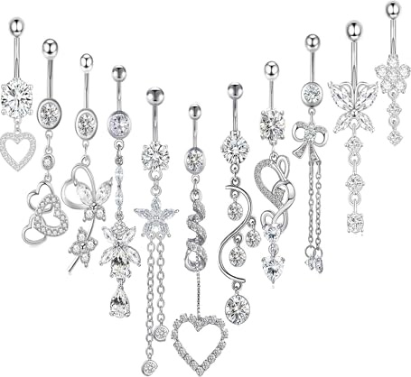 TIANCI FBYJS 14G Women Belly Button Rings Silver Surgical Stainless Steel Dangle Belly Rings 10mm Heart Belly Piercings Flower Butterfly Navel Jewelry 11pcs (silver)