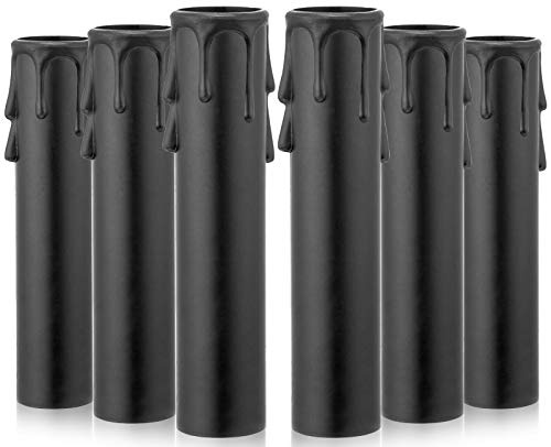 Drip Candle Socket Covers - Set of 6, Chandelier Candelabra Base, 4 inch Tall Black Plastic Candle Slip Over Sleeves